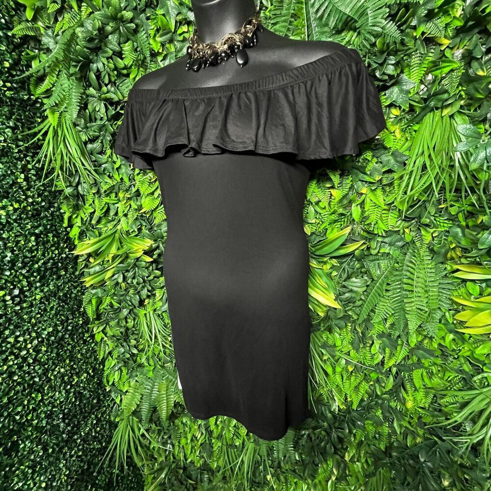 LOVE CHESLEY Women Dress 2X Black Off Shoulder Striped Print Fitted Design  1311